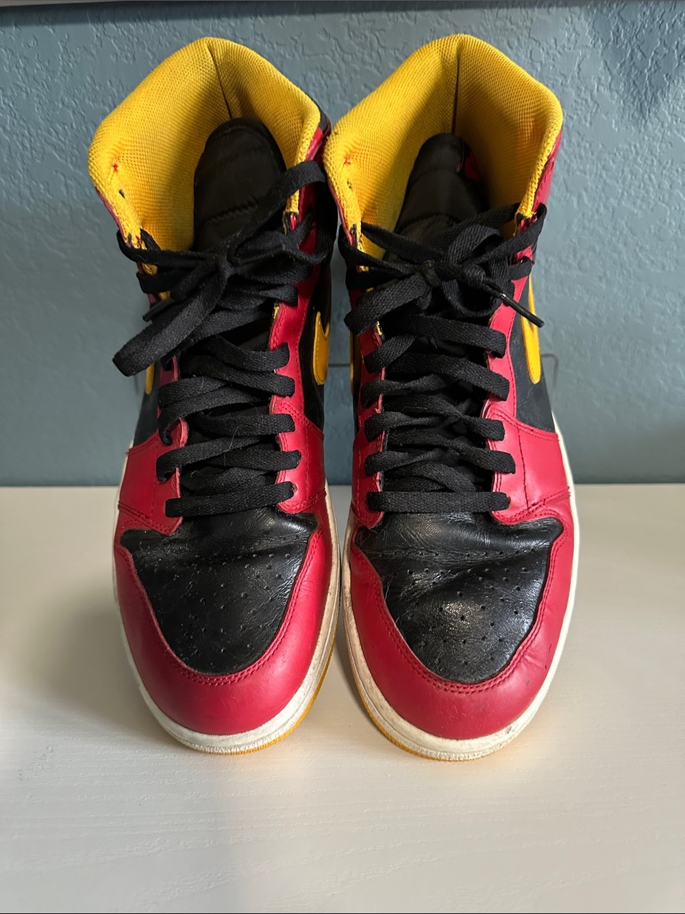 Mens High-Top Air Jordan Sneakers in Red, Black & Yellow